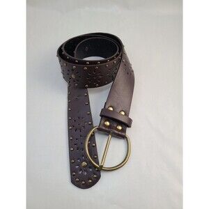 Brown Leather Belt Floral Cutout Brass Studs Western Boho Vintage Style M